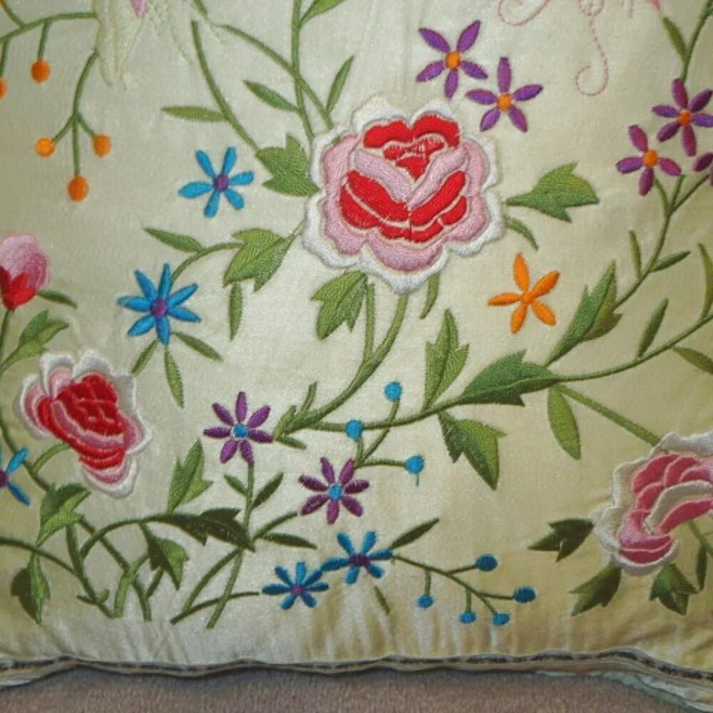 Vtg Floral Embroidered Satin Throw Pillow Cottagecore Boudoir Regency Old Money